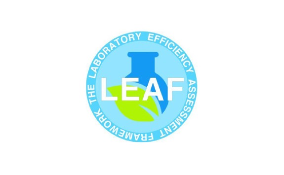 LEAF logo. A blue test tube and green leaf are in a blue circle, surrounded by the text: Laboratory Efficiency Assessment Framework